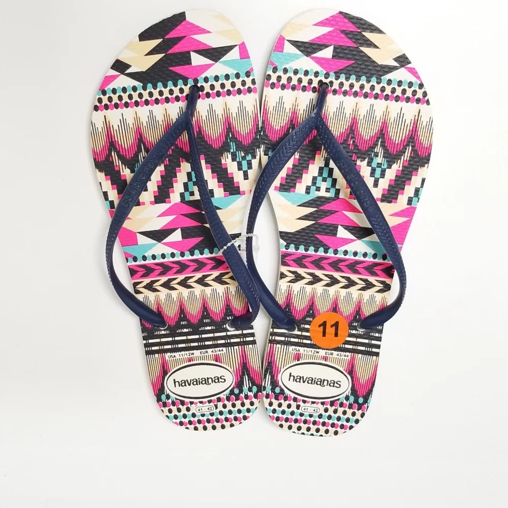 Havaianas Slim Tribal Flip Flop in White & Navy Blue Sz 11 - Picture 3 of 9